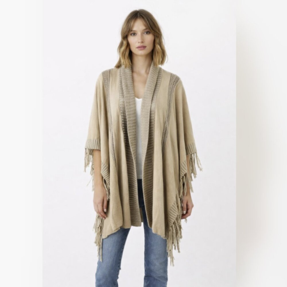 Chico's Cream/Tan Boho Open Front Fringe Crochet Cardigan One Size‎